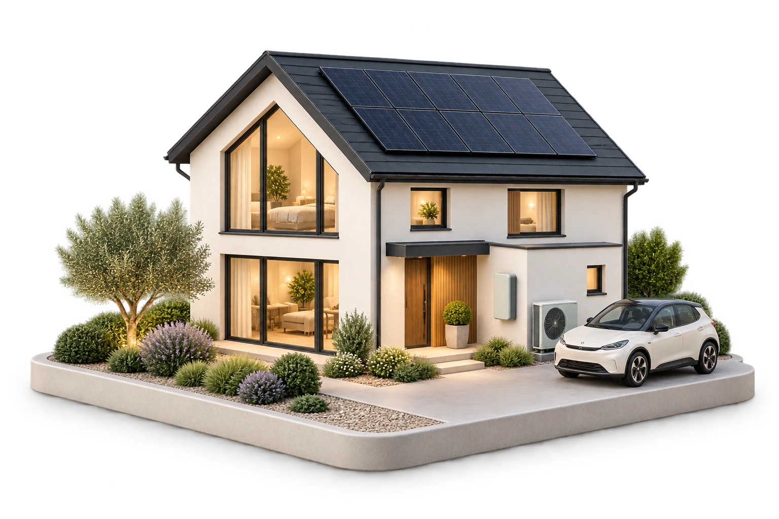 Illustrative modern home with rooftop solar panels, a home battery, a heat pump and an electric car.